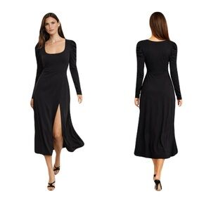 WAYF Puff Long Sleeve Midi‎ Dress with Slit Black Sz S Chic Elevated Minimalist